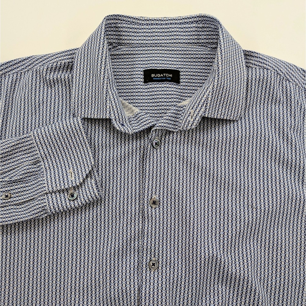 Bugatchi Men Long Sleeve Shirt XL OoohCotton Tech 8-Way Stretch Blue Geometric